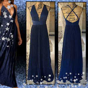 Lulus Magical Looks Navy Blue Sparkly Pleated Maxi Dress Size S